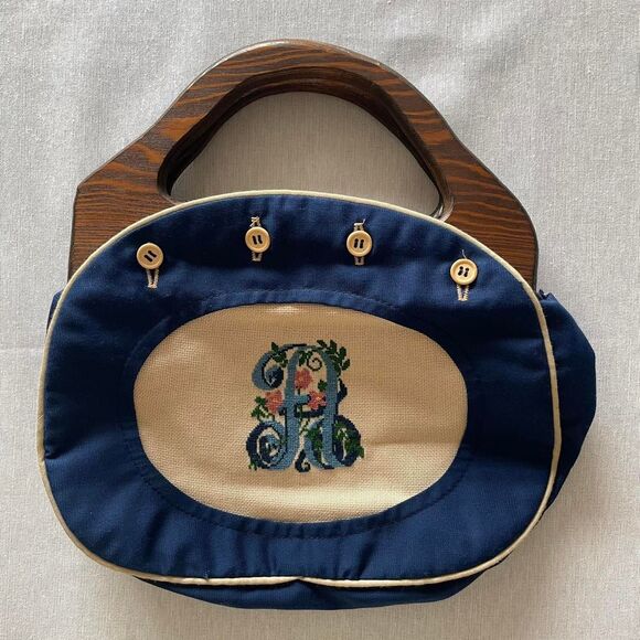 American Vintage Handbags - Vintage 1970's Needlepoint A Initial Monogram Purse with Wooden Handles Granny